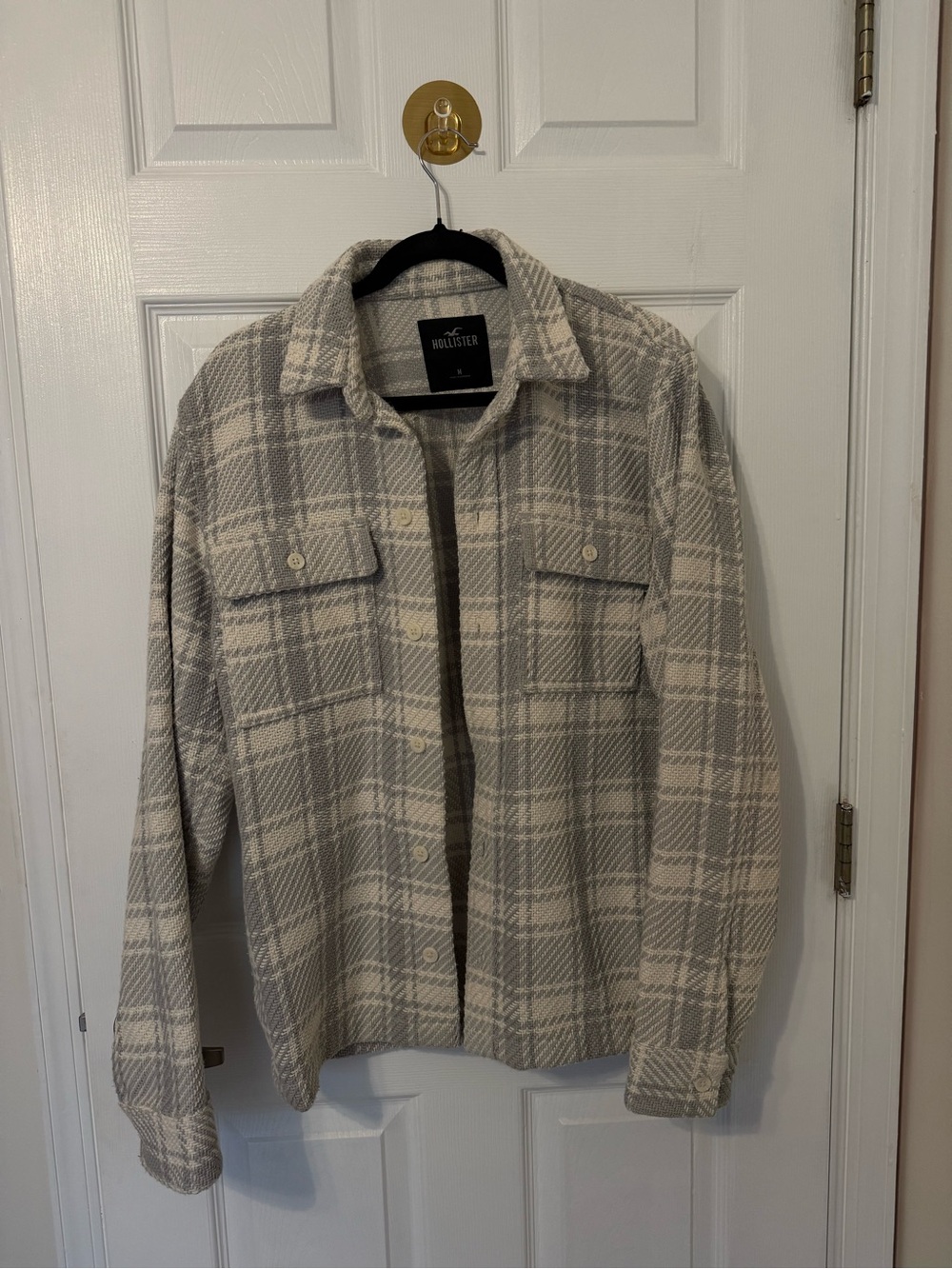 Hollister Light Gray & Cream Plaid Shacket